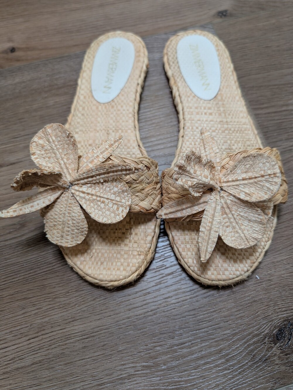 Zimmermann Woven Raffia Flower Slide Sandals Neutral Tan Beige Flat Shoes Sz 39 - Picture 3 of 7